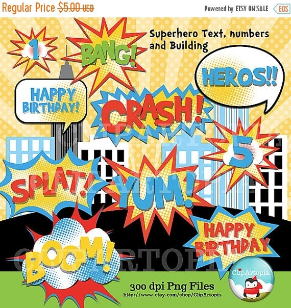 50% OFF SALE Superhero Text, Number and Building Clipart Comic Book Personal and Commercial Use / INSTANT Download Il_570xn