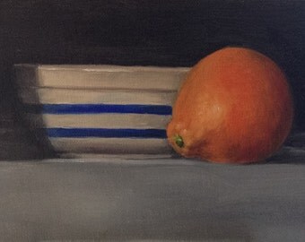 Oil painting: Tangelo with bowl, 6x4" Still life painting