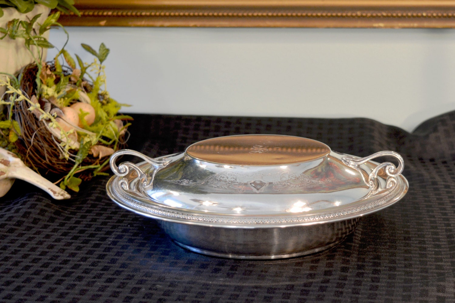 Vintage Pilgrim Silver Plate Covered Serving Dish Monogramed Letter S