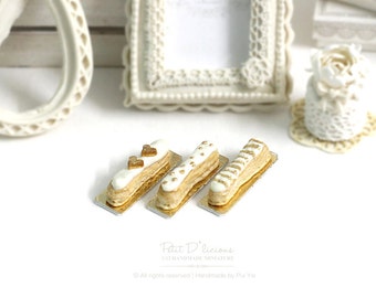 Elegance Cream White Gold Love. Dot. Stripe themed Eclairs -THREE Assorted Eclairs- 1/12 Dollhouse Miniature Scale
