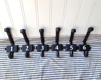 Numbered cast iron hooks 1-6 set of 6 screw on double coat hooks wall rack hook farmhouse projects