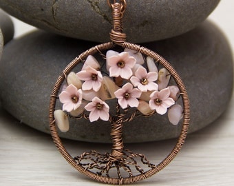 Tree-Of-Life Necklace Pendant 1.8" Copper Wire Wrapped Pendant Brown Wired Copper Jewelry Wire Wrapped ModernTree Pink Opal Necklace Rustic