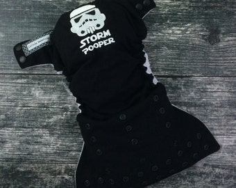 One size pocket / Storm Pooper embroidery / cloth diaper / snaps / Little Beasties / adjustable elastic & leg gussets / embroidered diaper
