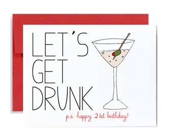 Funny 21st birthday card - red lets get drunk happy bday greeting card drinking party