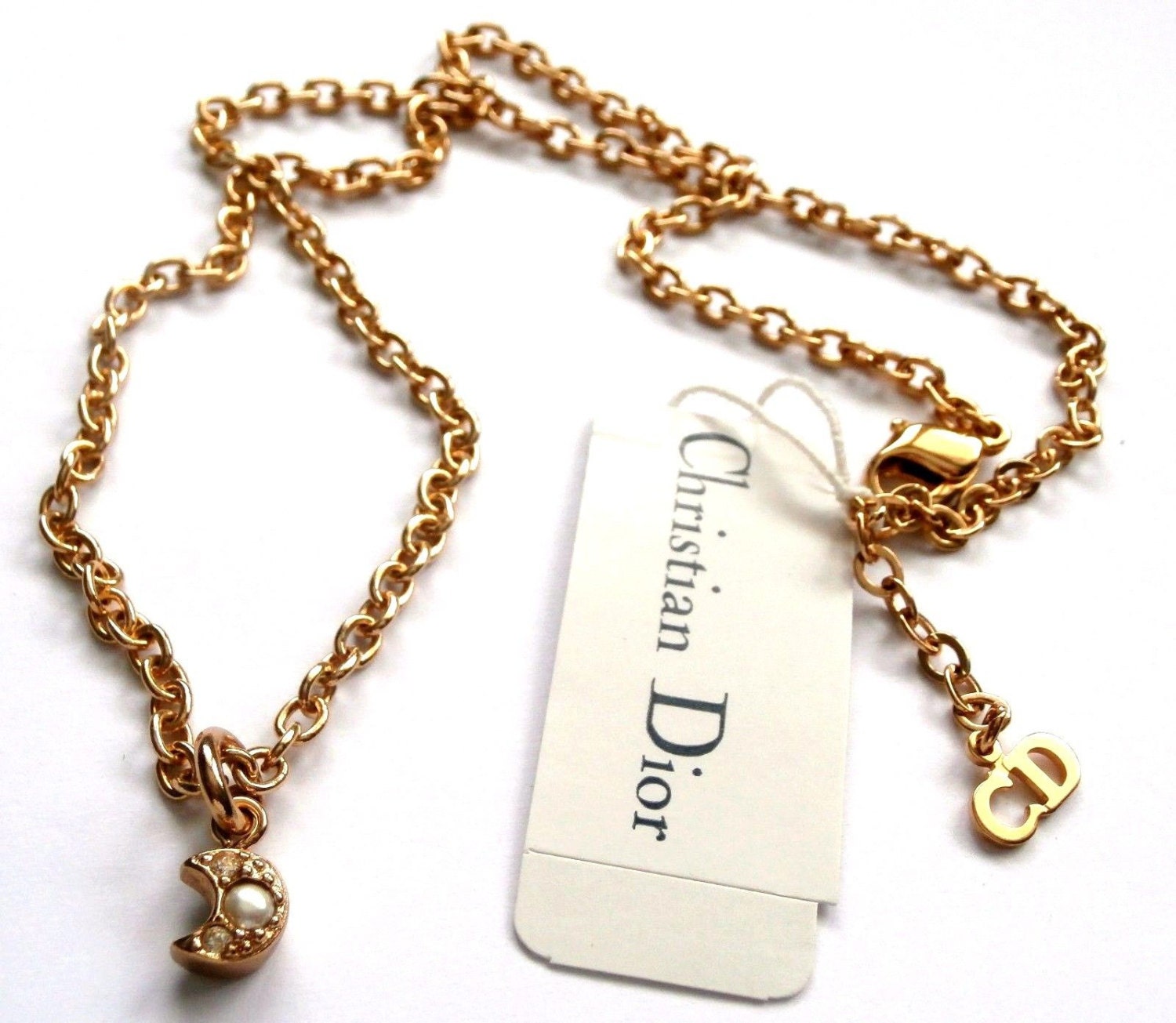 Signed Christian Dior Necklace Gold Plated With Crystal 7219