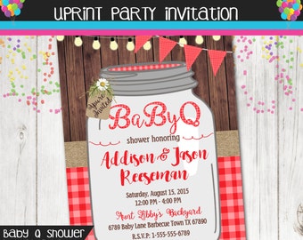 Baby Q Invitation - BBQ Baby Shower Invitation - Rustic Wood Mason Jar - Baby Shower