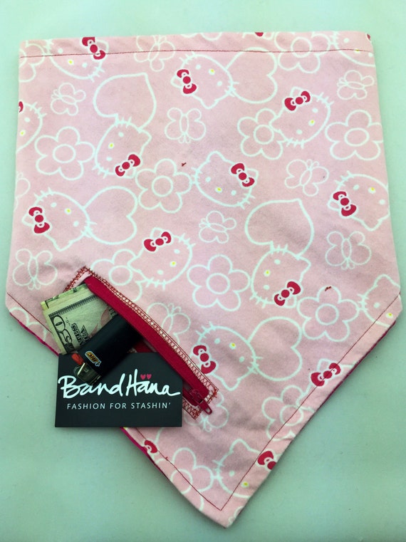 Here Kitty Kitty: HK print on soft pink Flannel and Fuschia Satin Reversible Bandana w/ Zippered Stash Pocket