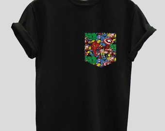 Real Stitched Superhero Marvel Print Pocket T-shirt Hipster Indie Swag Dope Hype Mens Womens Cute Pocket Shirt