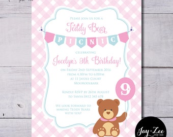 Girls Pink Teddy Bear Picnic Birthday Invitation