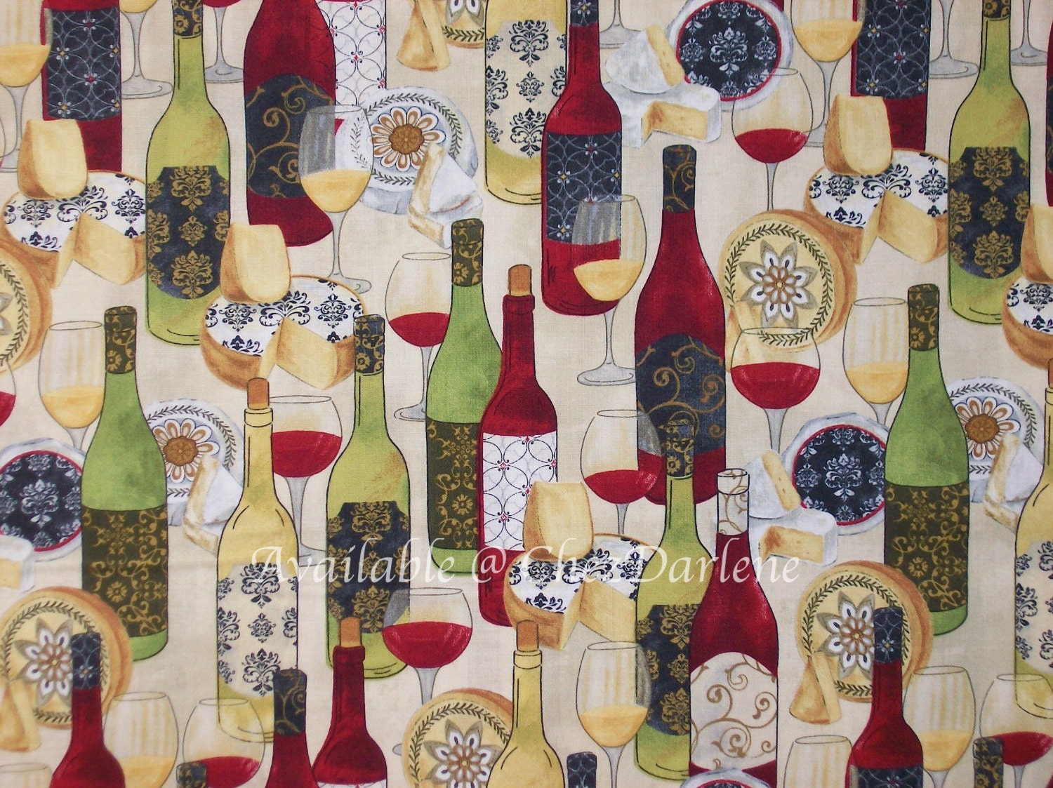 Cotton Fabric Wine Bottles Glasses & Cheese Quilt Quality