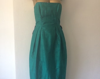 Biddulph & Banham green strapless vintage dress with tartan bustle size UK 8