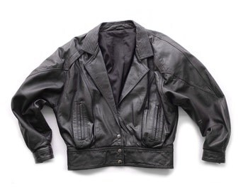 Black Leather Bomber Jacket 80s | S M | Vintage