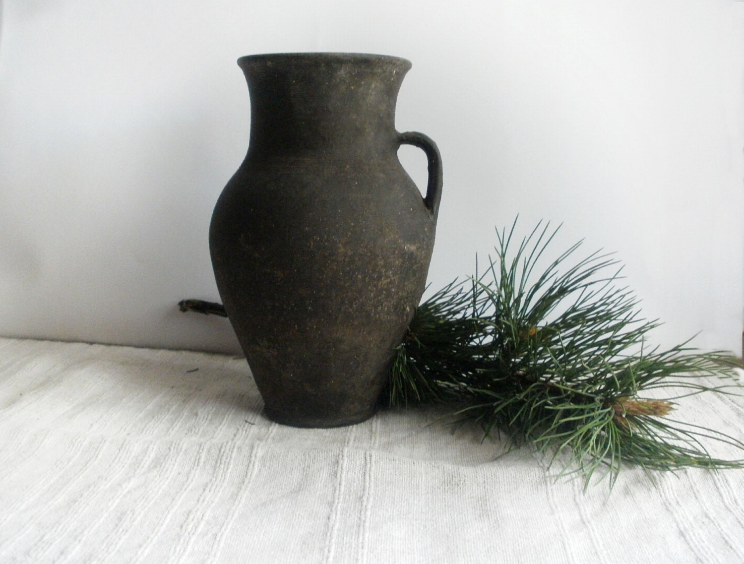 Antique clay pitcher Black ceramic crock Rustic by VintagePresents