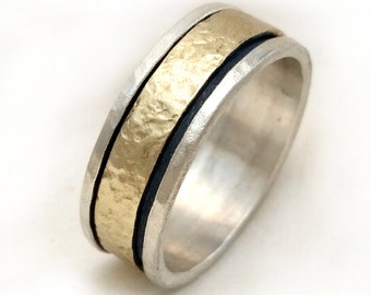 Men's wedding ring, yellow gold spinner ring, hammered sterling silver, favorite, classic with a twist, meditation ring, handmade, ilanamir