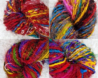 Handspun Pure Silk Art Yarn, Fine, Multicolour, Vibrant Recycled Sari Silk (From New Fabric) 'Mandala' 100 grams approx 180yards/170metres