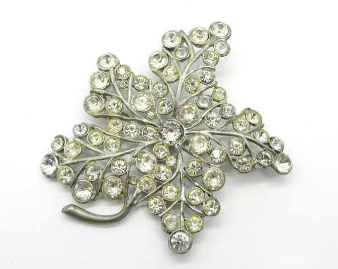 Rhinestone Large Leaf Brooch, Vintage Silver Tone Rhinestone Leaf Pin