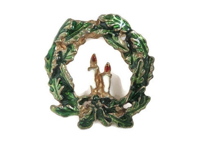 Vintage Brooch - Christmas Wreath Brooch, Christmas Wreath Candles Pin, Xmas Gift, Stocking Stuffer