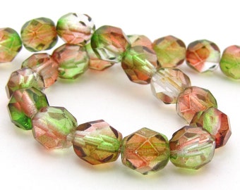 NEW Peach Pear Dual Coat 6mm Facet Round Czech Glass Fire Polished Beads #1791