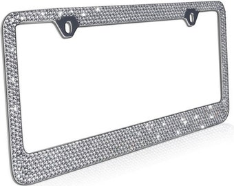 Rhinestone License Plate Frame, Chrome/Metal 12 Row Bling Frames Diamond Crystal Glitter Auto Accessory, Custom Decor for Car Truck Van SUV