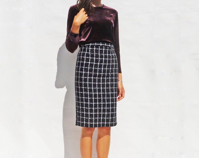 Check Pencil Skirt, Vintage 1970s Black High Waisted Metallic Check Pencil Skirt, 70s Knee Length Skirt, Secretary Skirt, Sexy Fitted Skirt