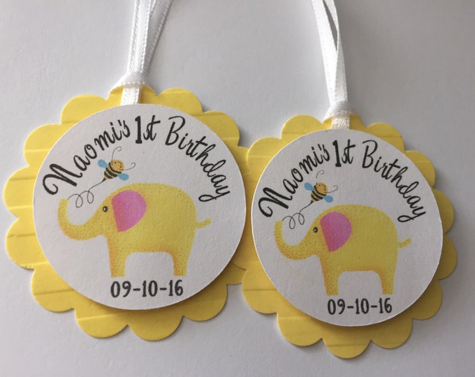 Set of 12 Personalized First Birthday Little Elephant Birthday Tags. In Yellow with Pink. Party Treat Tags. Favor Tags for Girls Birthday