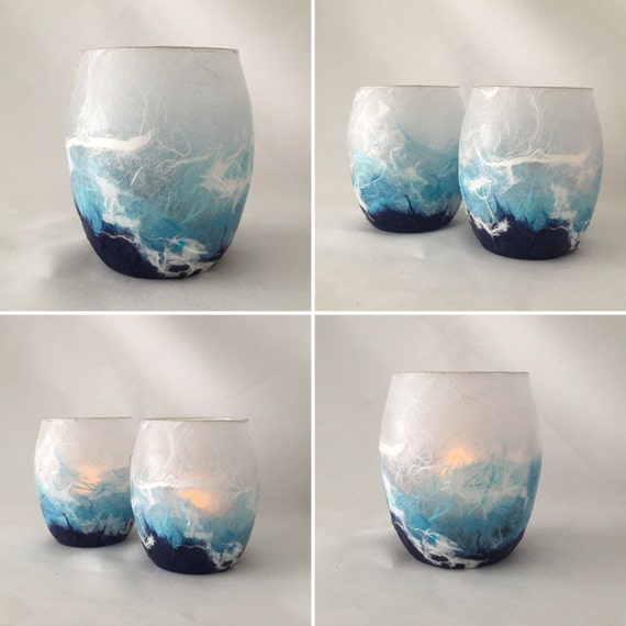 Stormy Seas Tea Light Candle Holder. Strawsilk Glass.