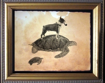 Boston Terrier Riding Sea Turtle - Vintage Collage Art Print on Tea Stained Paper - Vintage Art Print