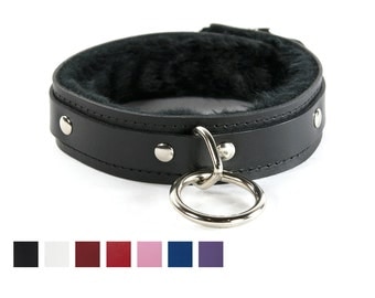 1 Ring Fuzzy Slave Collar - Leather, ORing, Locking Buckle - Faux Fur Lined