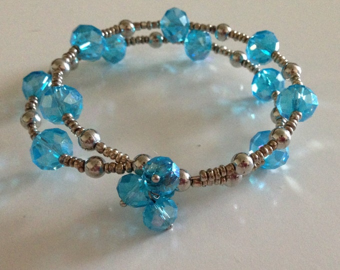 clearance! light blue crystal and silver beaded memory wire cuff bracelet