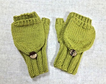 Convertible Fingerless Gloves for toddlers, moss green, organic merino wool, arm warmers with flap, gift for kids