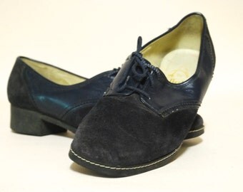 Navy Leather Brogues 70s Vintage Suede Oxfords Lace Up 1970s Retro Vtg Size 6