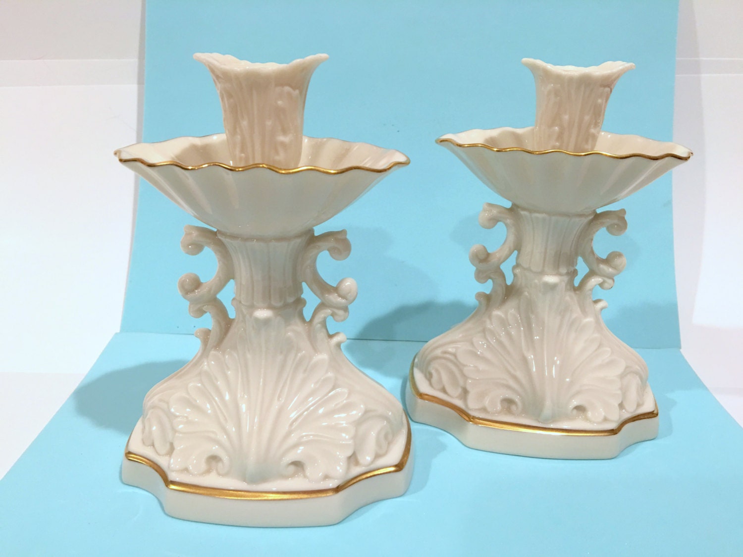 Lenox Candlestick Holders, Cream Candle Sticks, Beige Candlesticks,Lenox Aquarius Candle Holders