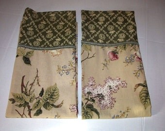 Waverly Brianna Emma's Garden Floral Cotton Tier Curtain Panels Fabric Tan Green