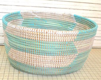 Chevron Oval Magazine Storage Basket, Iceberg blue,large open wool chest, herringbone, ready to be shipped