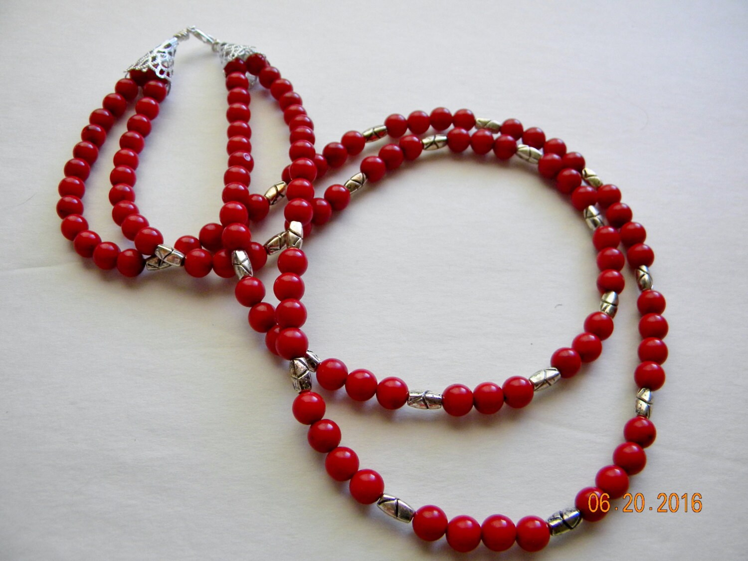 Red necklace.Red coral beads necklace.Multi strand