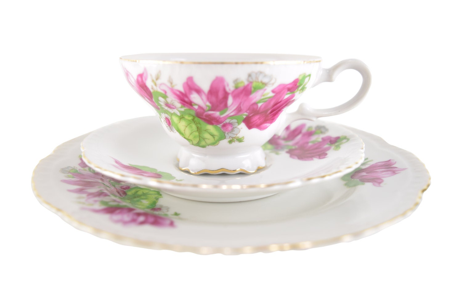 Vintage 3piece Dessert Set Footed Teacup Saucer Plate White