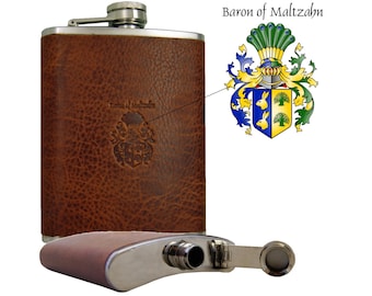 Hip flask AMUNDSEN of brown leather and stainless steel - BARON of MALTZAHN