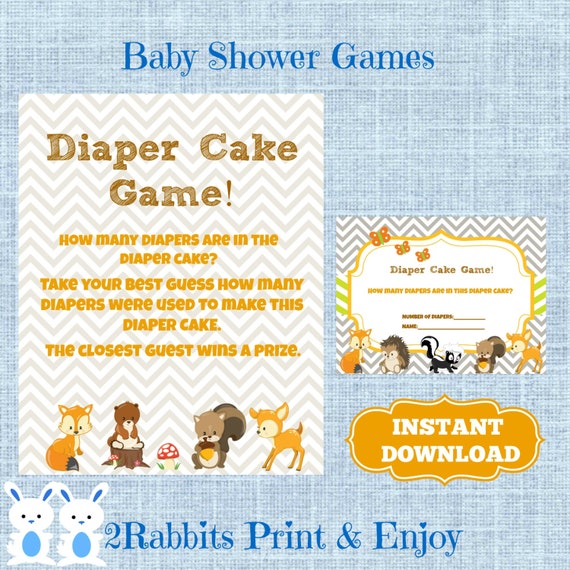 Woodland Baby Shower Diaper Cake Game Cards and Matching Sign