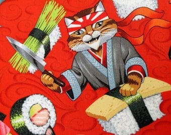 Fabric, Sushi Chef Kitty Cats, Rockin Rolls in Red, Alexander Henry, By the Yard