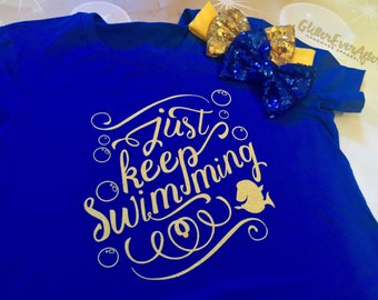 Just Keep Swimming Glitter Shirt, Tote, Hoodie - Many Styles to Choose From - Baby, Infant, Toddlers, Girls, Women, Men, Unisex