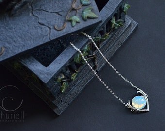 Moonstone Necklace - Tiny Moon, Opalite Pendant, Silver Antlers, Deer Princess, Druid, Elvish, gift for her, Mermaid, Witchy Choker, Faerie
