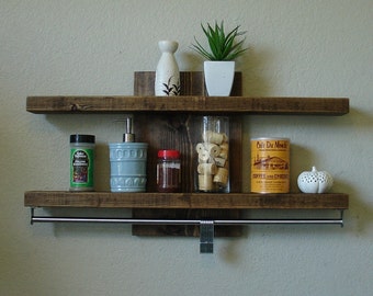 Modern Rustic 2-Tier Spice Rack Shelf w/ 30" Pot Rack Bar & 7 Hanging Hooks