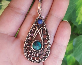 Intricate azurite necklace pendant, azurite jewelry wire wrap, wire wrapped pendant, copper wire jewelry, boho jewelry, copper pendant wire