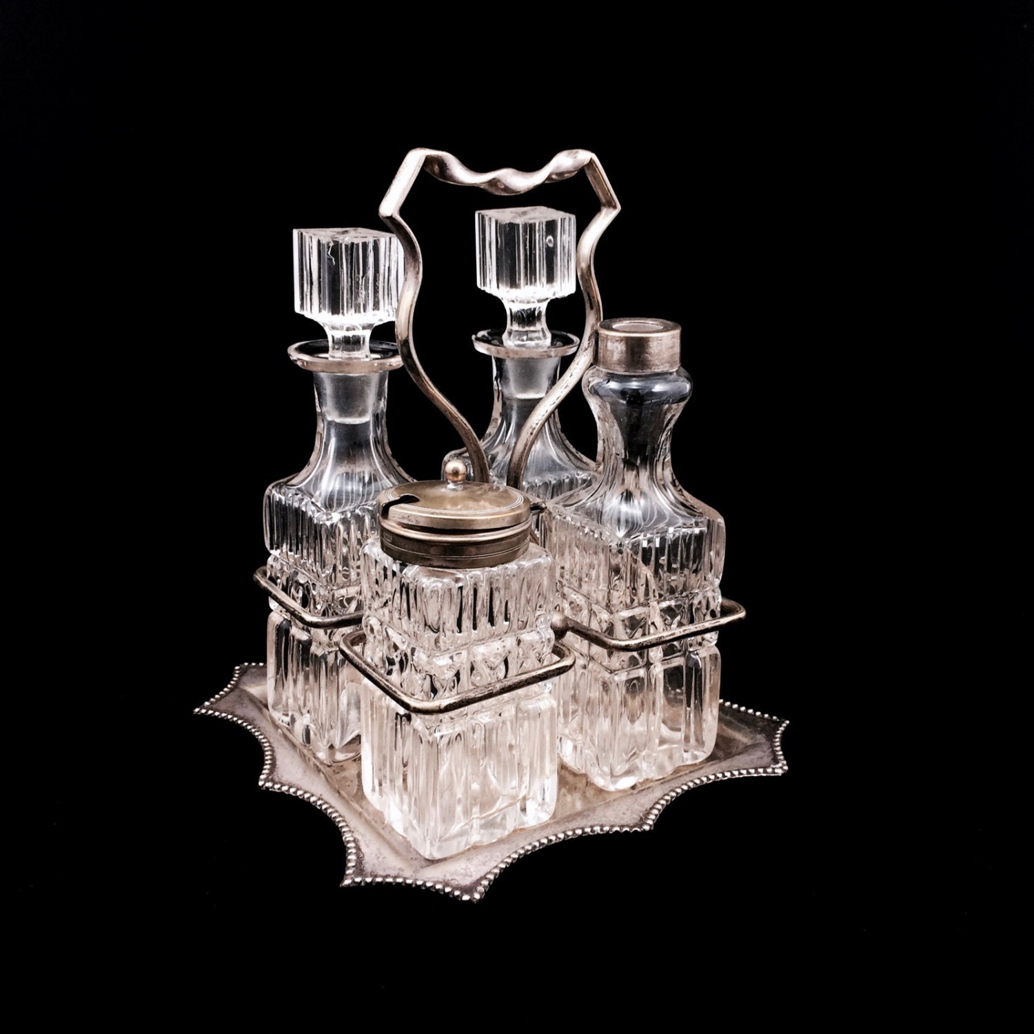 Vintage Cruet Set with Silver Plated Holder and 4 Glass Bottles Haute