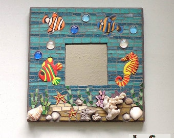 Mosaic Mirror, Glass Mosaic, Wall hanging, Home Decor, Decorative bathroom mirror, Scuba Scene, Enchantment Under the Sea (10 x 10 inches)