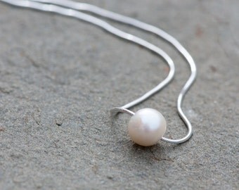 Floating Pearl Necklace, Natural Pearl Necklace, Minimalist White Pearl Necklace, Sterling Silver Chain, Bridal Pearl Necklace, Anniversary