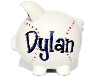 Hand painted & Personalized | Baseball Piggy Bank | Sports Bank for Boys | Navy Blue | Red | Large Size (8"x7.5"x7")