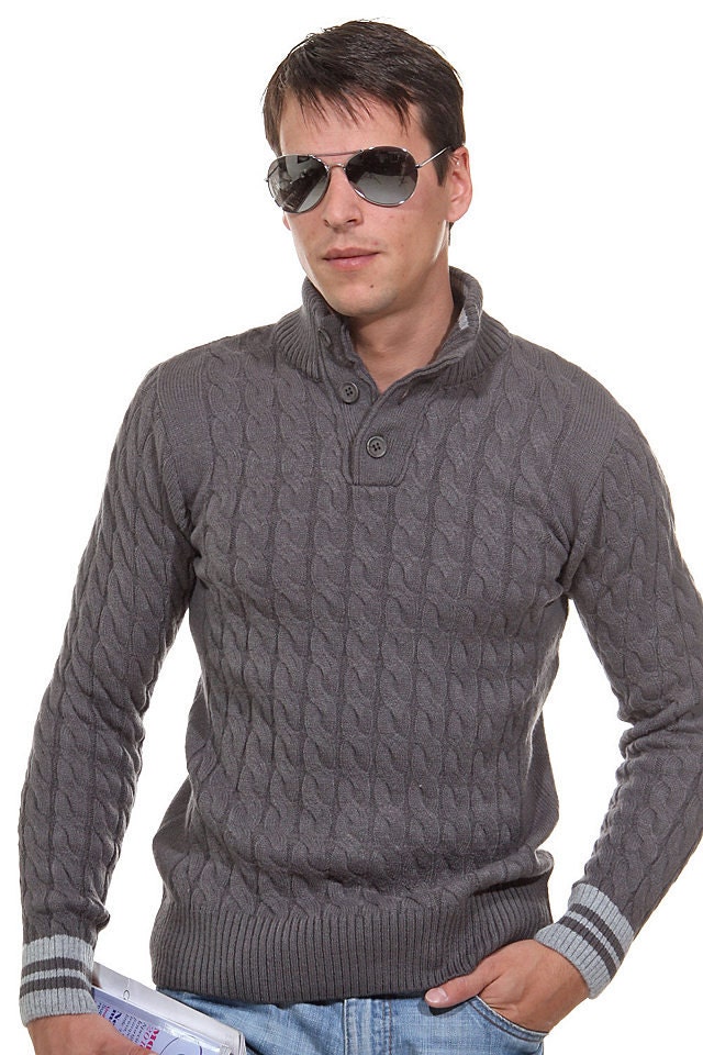 Hand Knit Men's Polo sweater turtleneck v-neck men