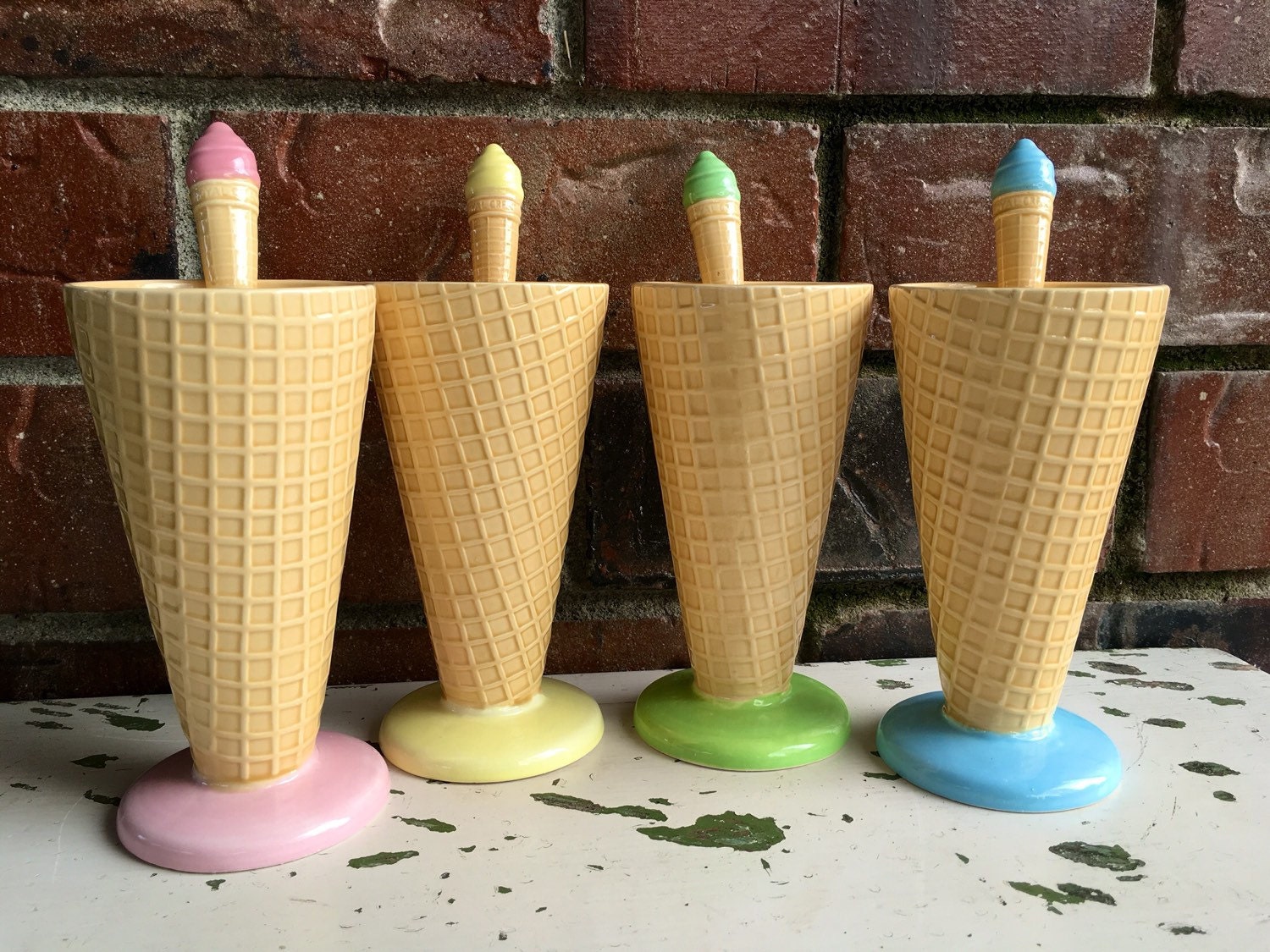 Vintage Japan Ice Cream Cone Tall Cups with Matching Spoons