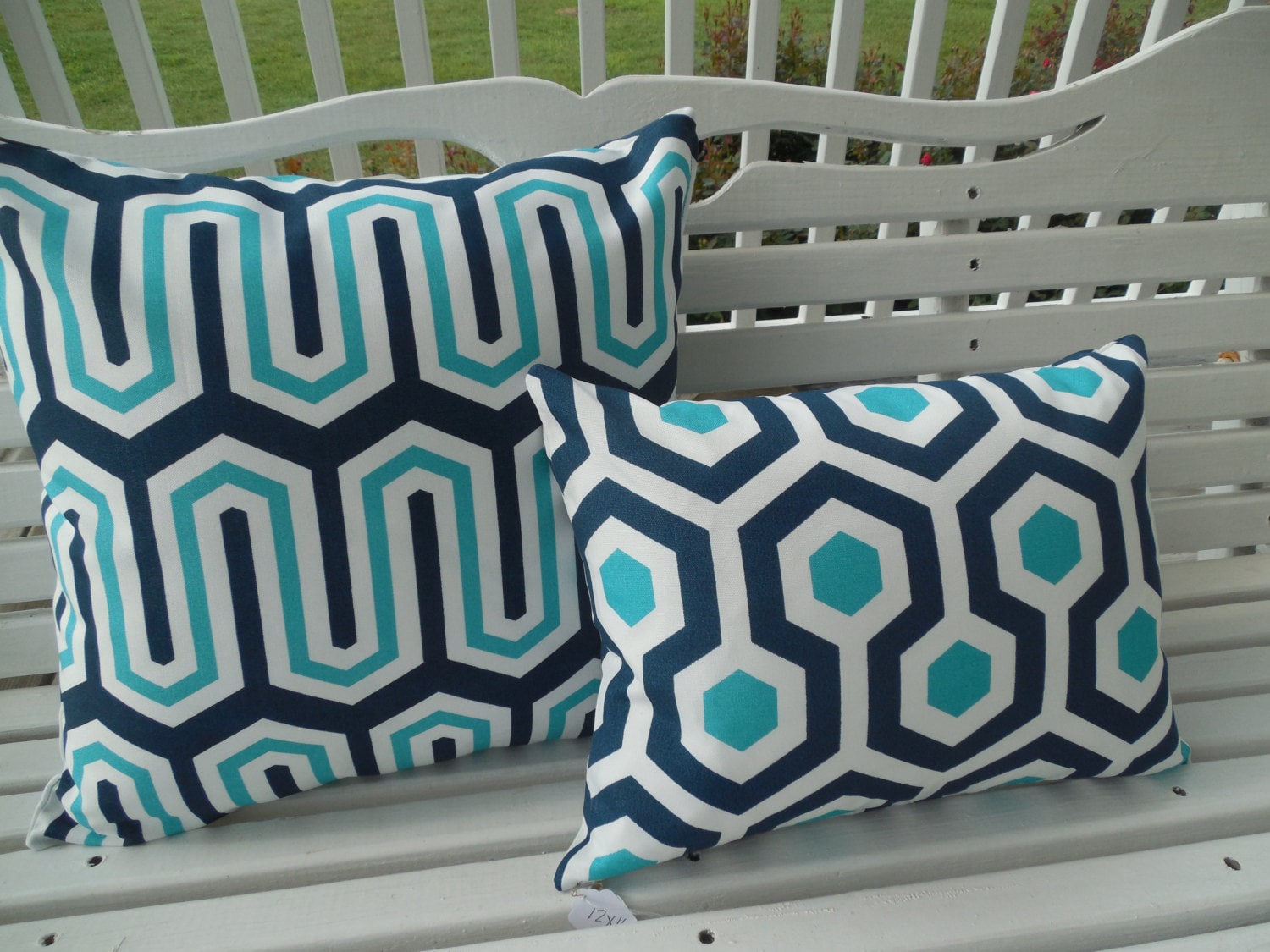 Modern Outdoor Pillow Cover Navy Turquiose Geometric Abstract